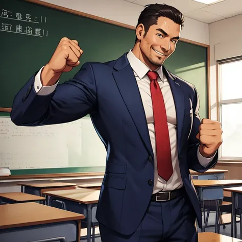  Thick Outlines 、human、male、40 years old、Muscular、suit、classroom、teacher、gentlemen、sweat、moisture、Pump your fist、excitation、support、smile、Victory pose