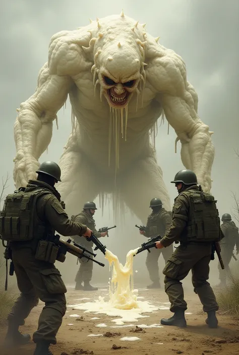 Soldiers shoot a monster with cottage cheese