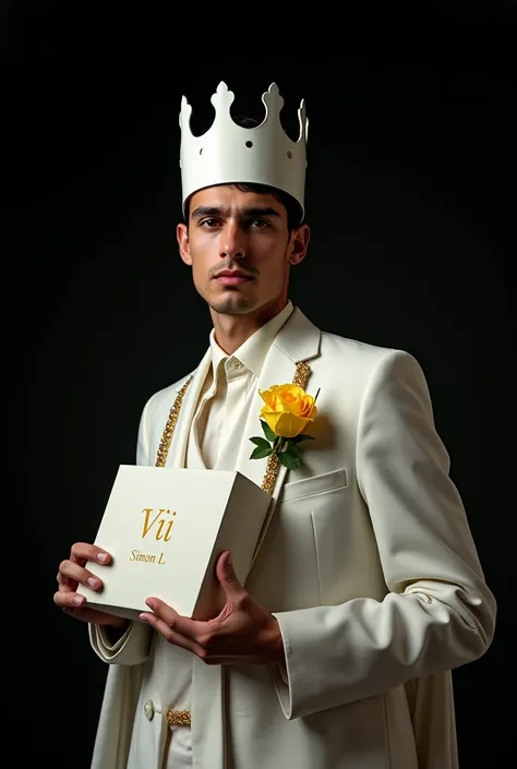  his portrait is wearing as body color mus . and wears a white crown . He wears a sprig of yellow rose and next to him is a box with the name Vii Simon L.  His background is pitch black .  The composition is dynamic ,  flowing costume elements ,  high-key ...