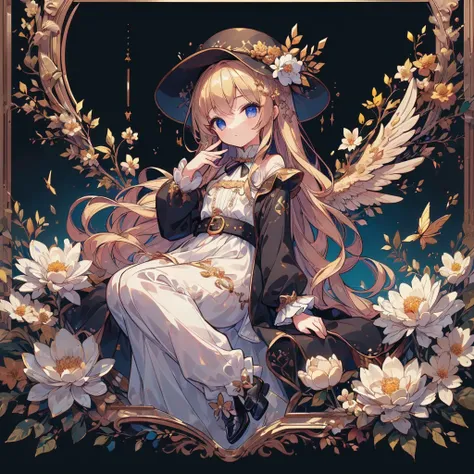 1girl,Handsome face、Baby Face、(((The best composition、Best Quality、 masterpiece、Super detailed、 high definition、Golden Ratio)))、 Flower Angel 、Flower Wings 、Dabby Casket Hat 、 Black Long Coat Dress、 White Belt 、