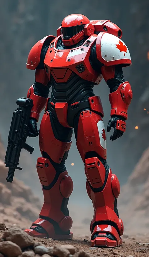 Canadian Space Marine: A towering figure wearing red and white armor, with a large maple leaf insignia on the chest plate. The armor is built for protection and agility, with a futuristic edge.