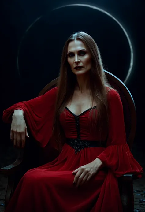 painting of a Slavic woman in her 40s, light brown long hair, Super beautiful, Facial beauty, Vampire, Sitting in a big chair, in a closed red dress, TA night with a crescent moon, dramatic, dark atmosphere, cinematic scene, volumetric lights, ultra realis...