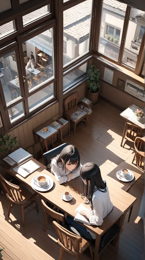 Ultra-realism Old cafe rest ones chin on ones handwindow looking out earrings tears white shirt バックライト, Long Hair, Black Hair,  Diagonal bangs, Split bangs that cross your legs while sitting on a chair looking out at the window, Light brown hair, Cross ban...