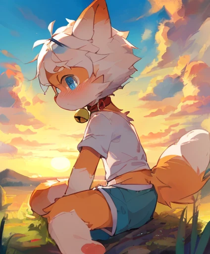 masterpiece,   high quality  ,  ridiculous resolution,   digital painting    (artwork ), author： Dagasi, Yupa, Qingshan, (  furry hair ,   Orange fur, Body hair,), The Boys,   blue eyes, White hair,   shorts,  barefoot,   bright eyes , panoramic, Character...