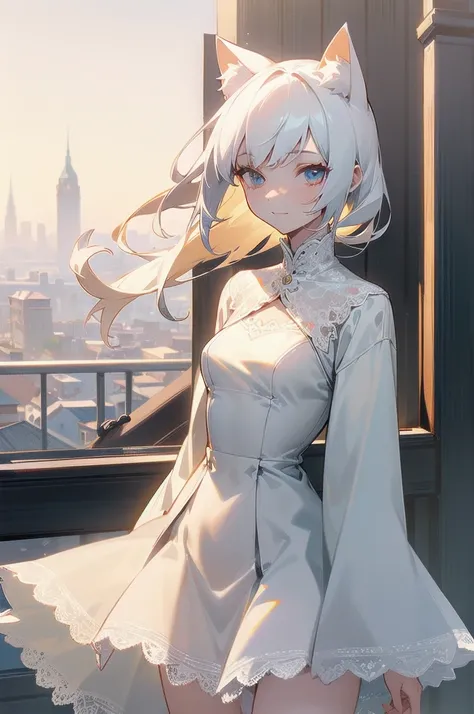 (Absurd), cute girl, upper body, slim body, perfect body, legs out of frame, cat ear, (albino), jacket, lace dress, skirt, rooftop, cove, observation deck, port town, [strong wind], arrogant smile, tipsy, [looking away], Expressionless, sunrise, fog