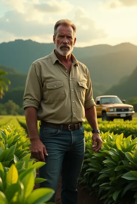 Creating a 40-year-old tall man like Arnold in the middle of his coffee farm and with his beadless Toyota
