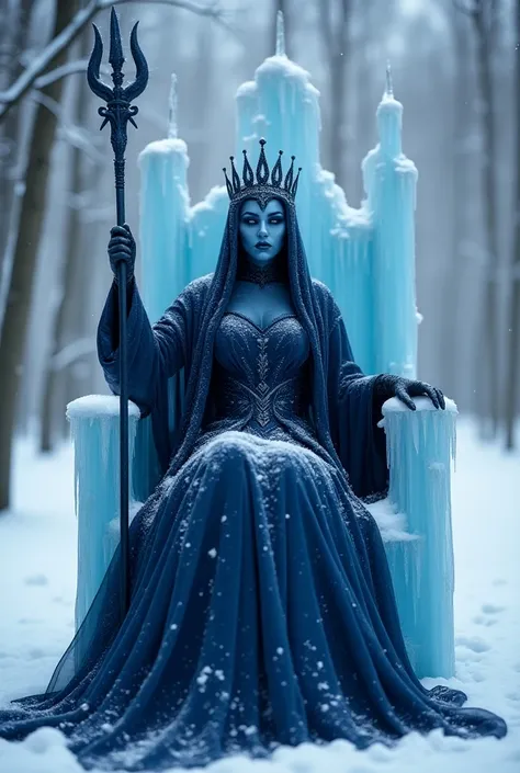 The evil snow queen from Russian fairy tales, her skin is made of ice. She is wearing a dark blue dress consisting of blue patterns in the form of snow patterns. With a tiara made of ice. She is sitting on an ice throne, with icicles sticking out of the ba...