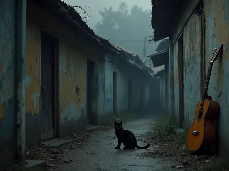 Develop realistic photo for me, HD, dark,, In some shacks ,  next door there is a black cat ,  and leaning against the wall a flamenco guitar,