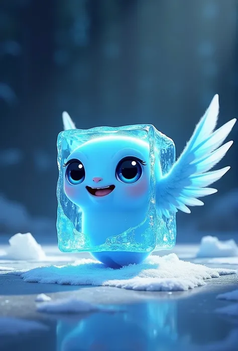 A dream architect inspired by Pixar animation, closely. The character, a winged ice cube, takes center stage with captivating facial expressions., offering a touch of unreality