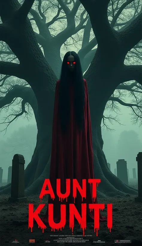 film poster with text that says AUNT KUNTI. Large font and dripping blood, by Balázs Diószegi, standing under the haunted banyan tree is a public grave, wearing a long red robe, bowing his head, movie poster character, by Adam Szentpétery, scary old grandm...