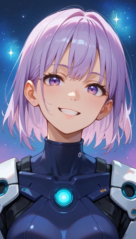 An anime female with lavender hair, soft violet eyes, and a gentle expression, dressed in a streamlined, futuristic suit with silver accents. Her face is illuminated from the front, completely shadow-free, highlighting her slight smile. She faces forward, ...