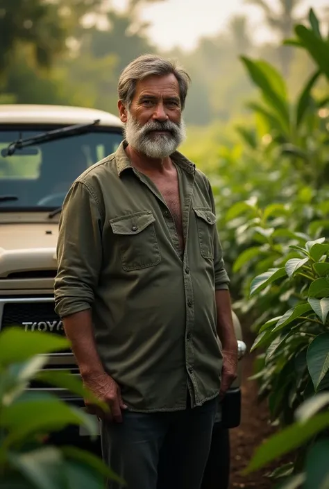 Create a 40-year-old tall man like Arnold in the middle of his coffee farm and with his Toyota without a beard, his thin face, a Turkish nose.
