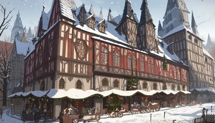  Medieval Europe,  I was particular about every detail at the early fall park, 4K, masterpiece、Snowy Town、 Christmas Decorations、A vibrant city 、Smiling girl