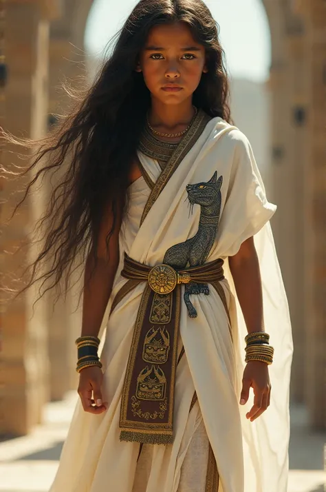 Boy, majestic long hair, resembling an egyptian god, standing in a white tunic knee-length, with predatory cat figures printed all over it contrasting with the calm demeanor of the boy wearing the tunic