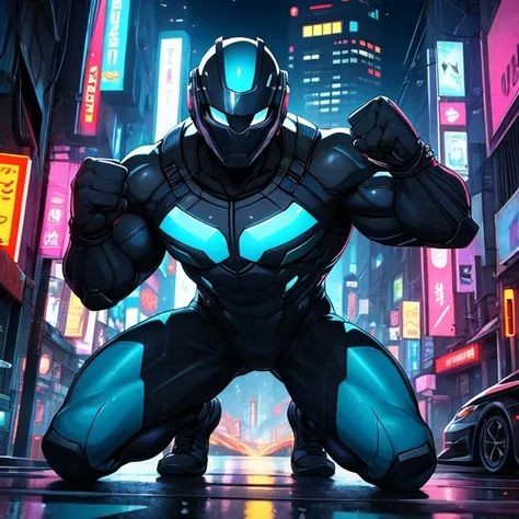  Thick Outlines 、human、male、40 years old、Muscular、 hero suit、 full body tights、 Full Face Helmet 、night、Cyberpunk city、street tree、sweat、moisture、Push up your fist、excitation、support、Victory pose