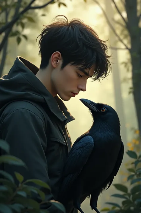 A young man missed his crow. The crow and him are best friends 