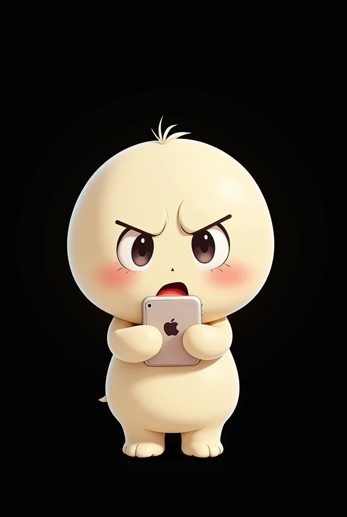 "A cute, minimalistic cartoon character with a round head, simple facial features, and large eyes angry face. hold iphone, open mouth ,The characters body is simple and rounded, without detailed limbs, and the background is plain or a light neutral color t...