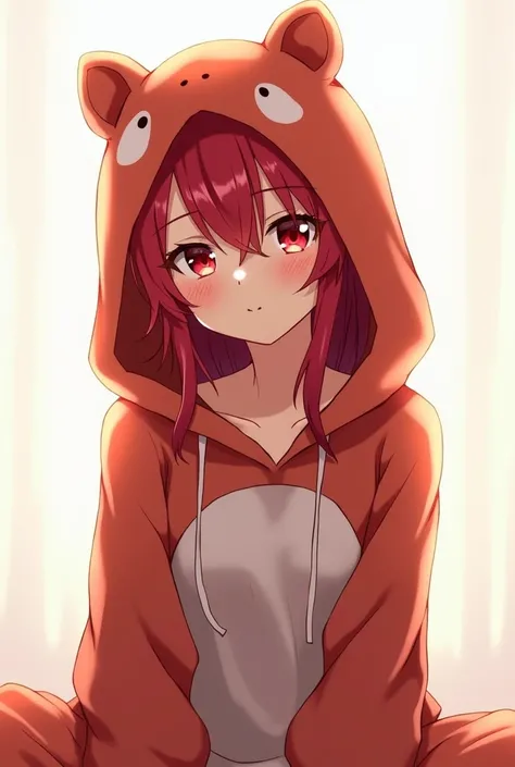  a beautiful red-haired anime girl , red eyes,  wearing a large hooded axolotl costume , solid white background ,  with an intense and warm light behind , HD image,  with soft lighting and with a contrast of light and shade