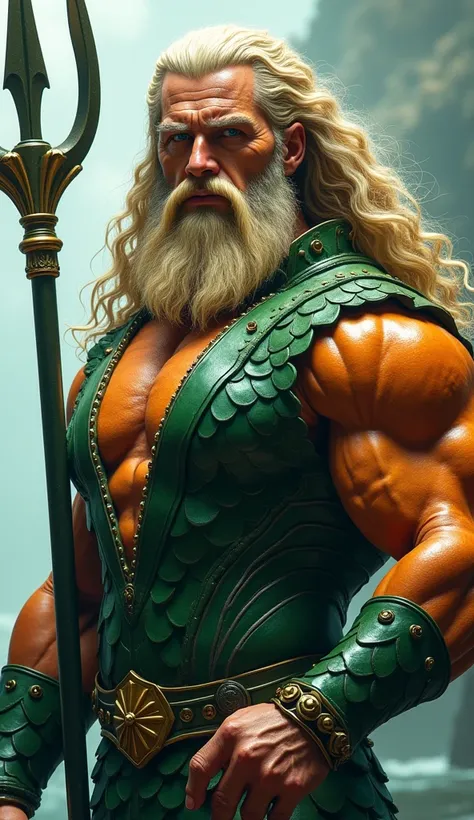 A tall, robust man with long, wavy blond hair and a strong beard, dressed in a green and orange scale-like suit with a trident in hand. His expression is commanding, exuding confidence and strength, embodying the spirit of the sea.