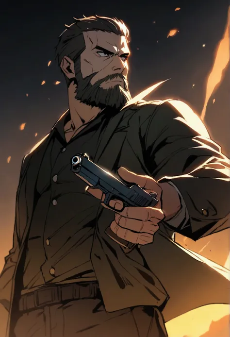 A punisher with a beard shoots a bare-chested pistol 