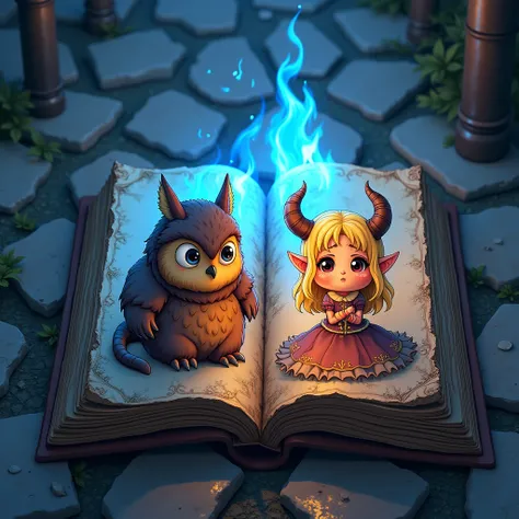 In the middle of the paving stones of a medieval city, a torn book with vivid pictures burns with blue fire (Natural colored Owlbear with big anime-style cartoon sad eyes ) on one page and  ( cartoon Tiefling with horns and tail anime-style girl with big k...