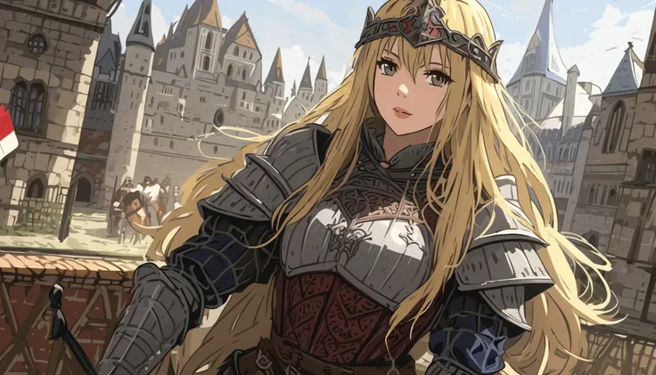  Medieval Europe,  I was particular about every detail at the early fall park, 4K, masterpiece、Woman in armor、Holding a French flag、 Blonde Long Hair 