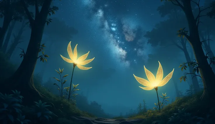 Milky Way Night Sky , dark, the mystical forest sky scattered with stars, Illuminated by fantastic light, Two delicate, Glowing flower leaves,  soft, feather-like petals and slender stems, , carried away by the gentle wind, a radiance casting an otherworld...