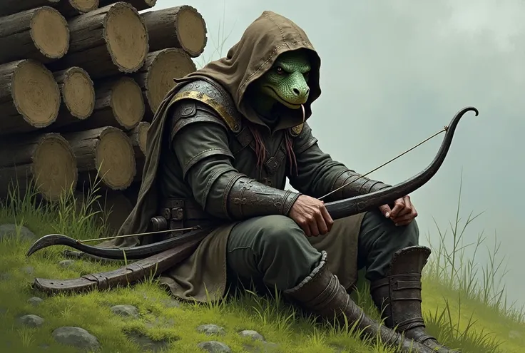 male human with snake face wear hood and leather armor carry bow sleep at pile of wood on the grass, tired face