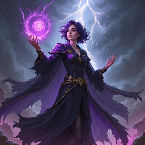 4. Dark Mage Outfit with Chaotic Storm: The woman is clad in a dark mage’s outfit, a form-fitting black tunic with dark purple and gold accents. The tunic is adorned with mystical symbols that glow with arcane energy. A long cape flows behind her, matching...