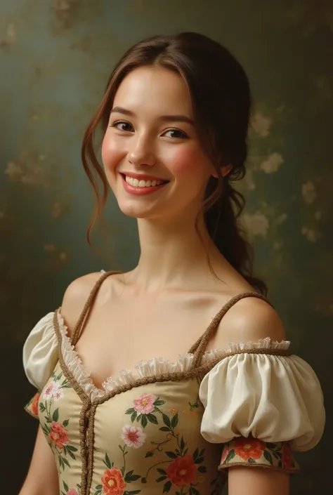  painting of a smiling woman from the middle ages,  wearing a fancy dress of flowers , with her hair tied , 