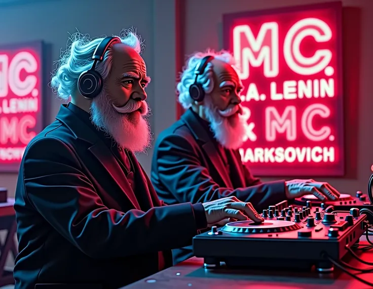 Lenin and Marx in modern DJ clothes and the inscription on the poster Poster of DJs MC K.A.Lenin и MC МАРКСович