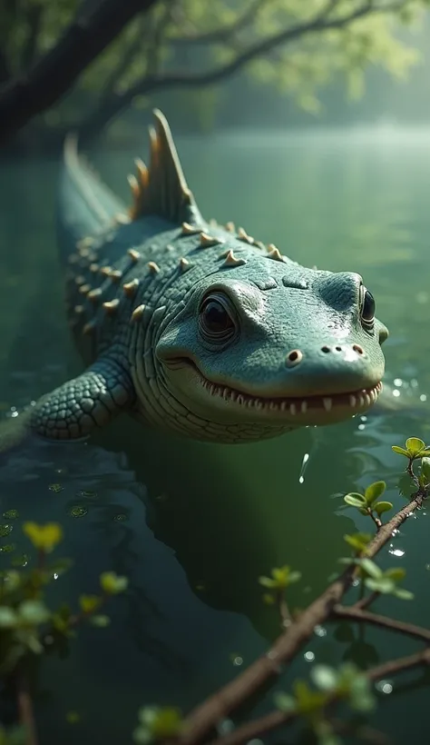 A young, hybrid creature blending features of a shark and a crocodile, swimming in a murky river environment. The creature has a streamlined body with the rough, scaly skin of a crocodile and the distinctive dorsal fin of a shark. It has a curious yet fier...