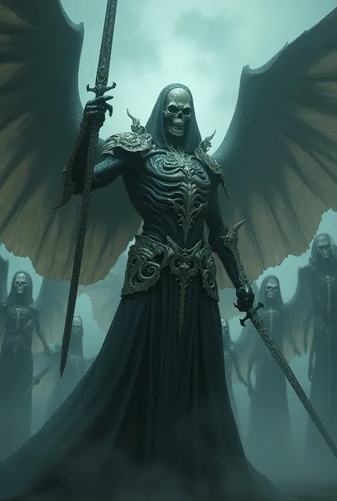 Skull-faced angel dressed in the spectral armor of the serpent knight wielding a sword in an attack position around him plus 7 skull-faced spectral angels with spectral armor 