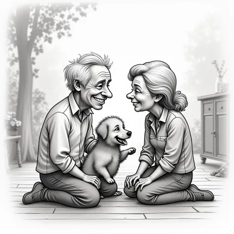 Character concept design, sketch line drawing, grandpa and grandma, puppy, high quality illustration, pencil drawing, pen drawing, ......