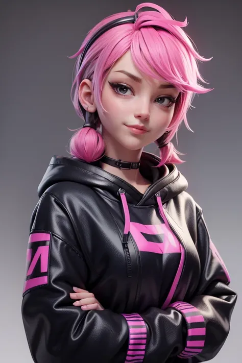 Cute girl with pink hair, black sweatshirt, AuriculAres, cyberpunk, looking at the viewer, hair band,  seductive pose ,  Slim Body Coats,  seductive smile ,  natural lighting ,  ultra resolution ,  plain white background , without patterns, No textures.