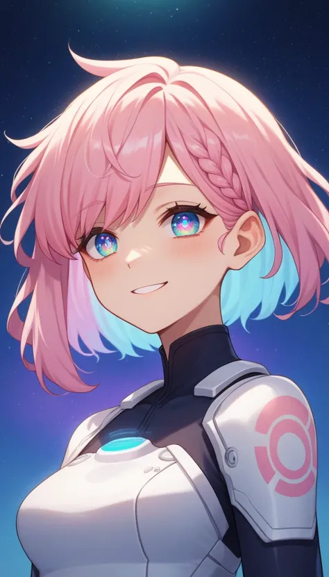 An anime female with pastel hair, large gentle eyes, and a serene smile, dressed in a fitted, high-tech bodysuit with subtle holographic details. Her face is fully illuminated from the front, completely shadow-free, giving her a clear, calming expression. ...