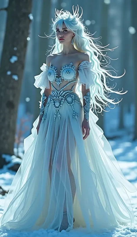 avant garde style, dressed in frost-like pattern dress, frozen-like long fancy hair, platinum colored, full body shot, low angle, backlight 