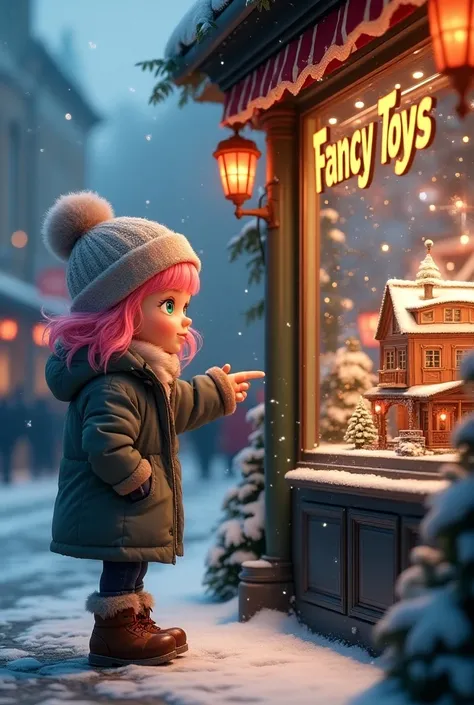 Photograph of a cute  , pink hair, turquoise eyes ,Winter clothes with bobble hat ,  standing in the city and pointing to an illuminated shop window of a toy store with a Märklin railroad and a small train station,logo text:"Fancy Toys",Evenings, Snowflake...