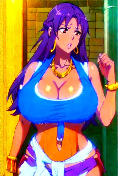 Asuna yuuki,purple hair,big breast,cleavage,brown eyes,Thick lips,puckered lips,tanned Brown  skin,Curvy figure,Gold chain necklace,Hoopa earring,long nail,Hoopa bracelet,Curly messy hair,hotpants,Tank top