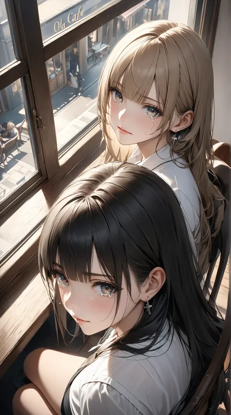 Ultra-realism Old cafe rest ones chin on ones  looking out earrings tears white shirt バックライト, Long Hair, Black Hair,  Diagonal bangs, Split bangs that cross your legs while sitting on a chair looking out at the window, Light brown hair, Cross bangs,  Aeria...