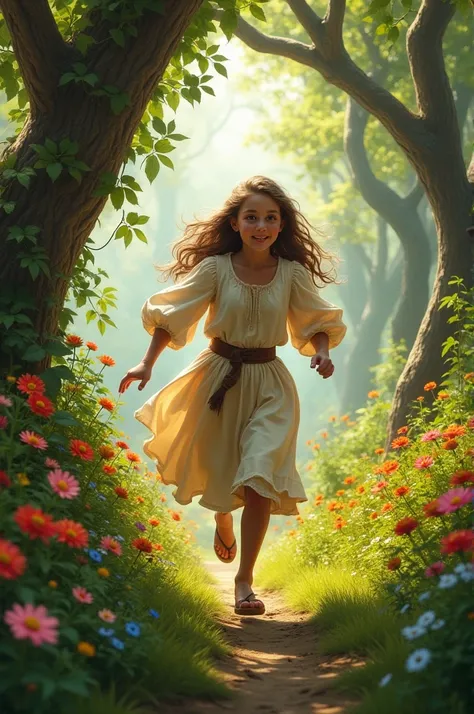 a medieval girl ,  wears a running dress in a flower garden overgrown with flowers and trees