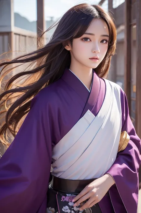 anime、若いmale、 center separation、Bob、The length of the hair is chin、Light outward perm、 Japanese-style majestic background 、 eyes characterized by sharpness 、Clothes are purple hakama 、 fan art 、Forehead Baring、male