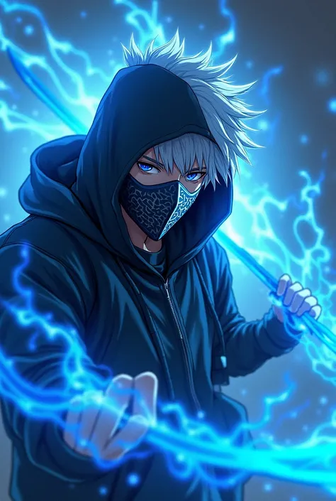 Anime teen man, white hair, blue eyes, wearing a black hoodie jacket, wearing a mouth steel mask, covered by blue flames around it, holding 2 blades, covered by blue flames around it.