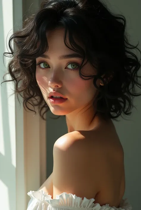 Very hot white-skinned young woman with green eyes and curly black hair 