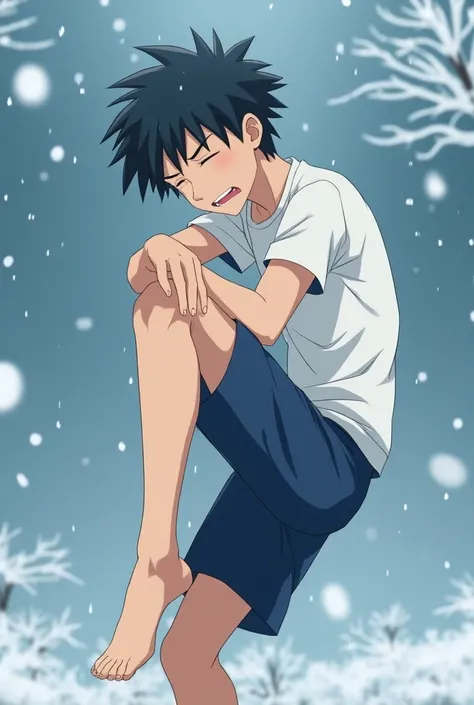  Japanese Anime、 male high school student shivering in the cold、Gym clothes、 white short sleeve t-shirt 、dark blue short shorts 、 long and thin legs