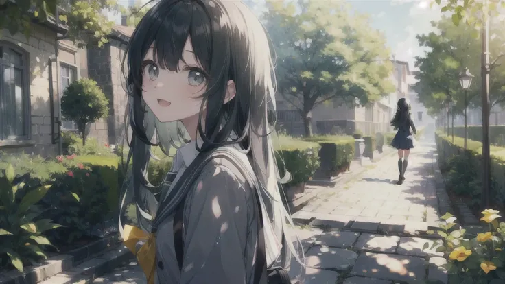 ((Alone:1.2)),cute girl talking with her boyfriend in garden,  high school uniform ,frOm side lOOking up,cObblestOne pavement, Long Hair, Black Hair, Green-gray eyes(),(  mottled sunlights :1.2),Blur,(depth Of field:1.1), smile,  open your mouth , 