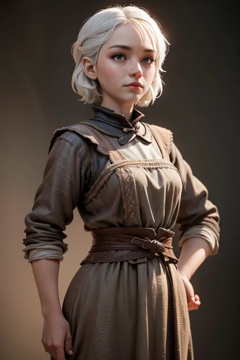 Peasant woman from " Game of Thrones",  short hair , brown eyes, Confident and determined , firm stance,  safe expression,  natural lighting ,  ultra resolution ,  plain white background , without patterns, No textures.