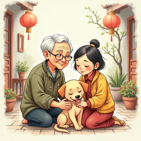 Sketch style, Taiwanese grandpa and grandma, puppy