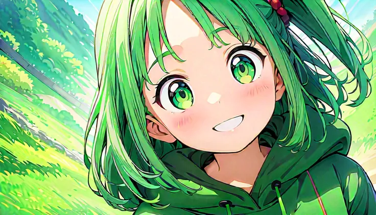 (masterpiece, Highest quality, Official Art:1.2), Looking at the audience, One Girl, alone, (green hair, one side up) and (green eyes), wearing a hoodie, Heartwarming and happy, Green Background, Ultra-fine illustrations, highly detailed, Dynamic Angle, be...