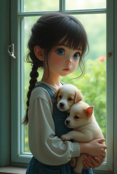 Realistic, As in the photo、 SUPER REAL FACE 、The theme is " BLUE EYED  GIRL STANDING AT THE WINDOW、 HOLD A CUTE PUPPY 、 looking out with a serious face ,  GREEN OUTSIDE 、A gentle breeze、Light coming in from outside、 sophisticated design  ,   ADVANCED LIGHT...